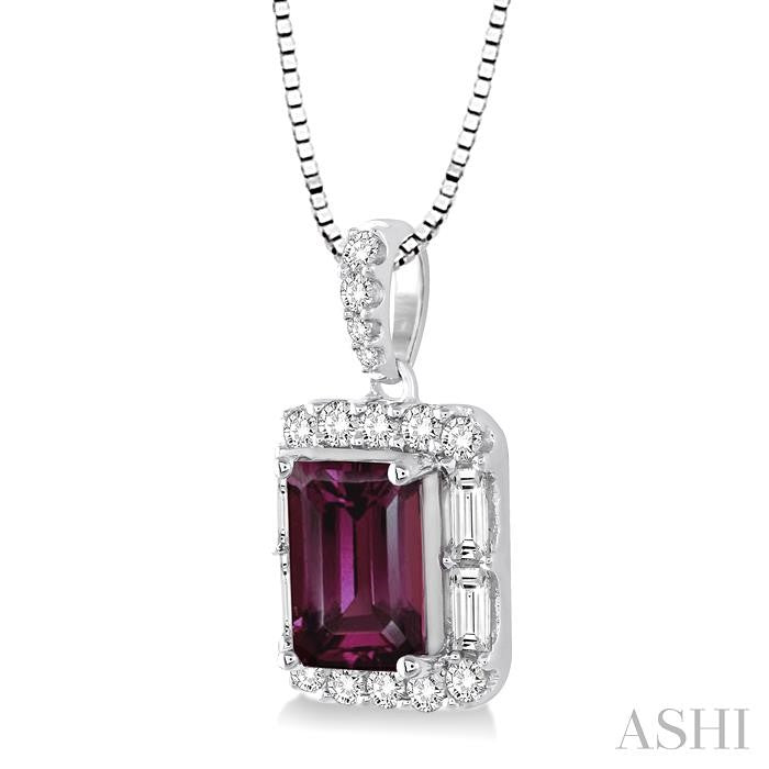 7x5 MM Emerald Cut Rhodolite Garnet and 1/3 Ctw Diamond Semi-Precious Pendant in 14K White Gold with Chain