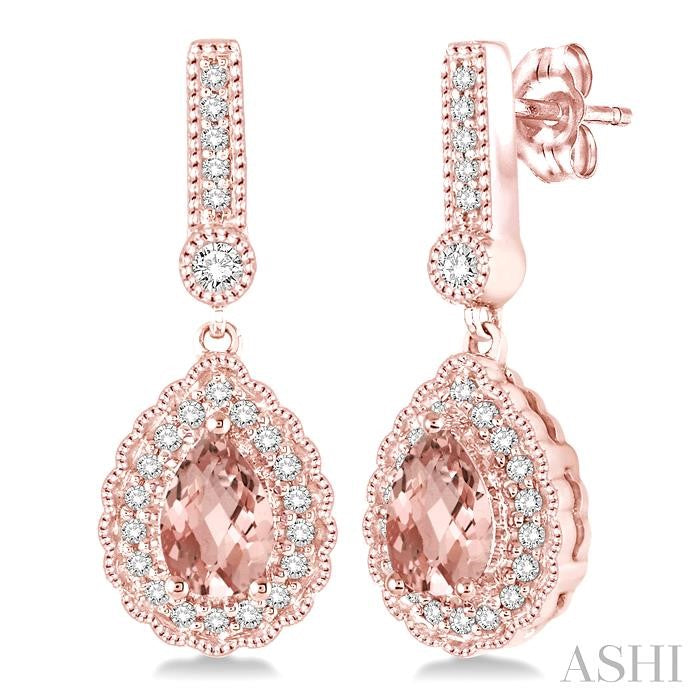 6x4 MM Pear Shape Morganite and 1/4 Ctw Round Cut Diamond Earrings in 14K Rose Gold