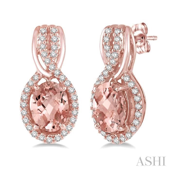 7x5 MM Oval Cut Morganite and 1/5 Ctw Round Cut Diamond Entwined Semi-Precious Earrings in 14K Rose Gold