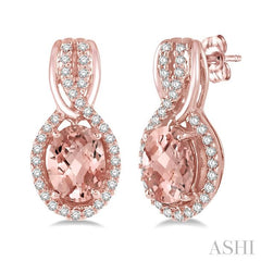 7x5 MM Oval Cut Morganite and 1/5 Ctw Round Cut Diamond Entwined Semi-Precious Earrings in 14K Rose Gold