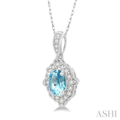 6x4 MM Ethnic Oval Cut Aquamarine and 1/6 Ctw Round Cut Diamond Semi-Precious Pendant in 10K White Gold with chain