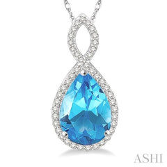 12x8 MM Entwined Pear Cut Blue Topaz and 1/4 Ctw Round Cut Diamond Semi-Precious Pendant in 10K White Gold with chain