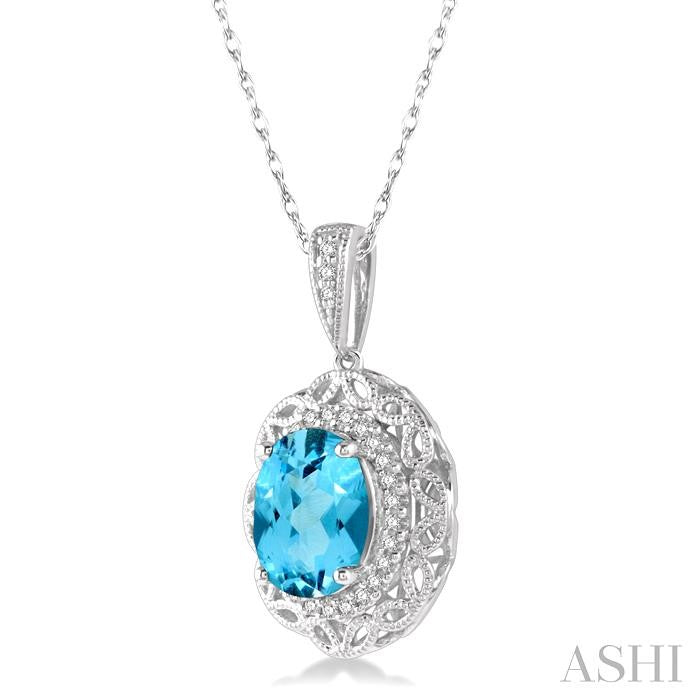 8x6 MM Oval Cut Blue Topaz and 1/10 Ctw Round Cut Diamond Semi-Precious Pendant With Chain in 10K White Gold