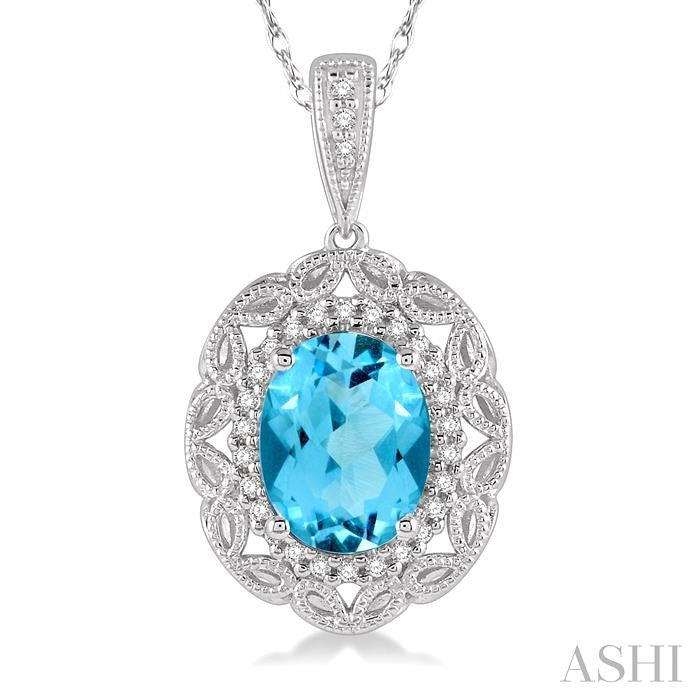 8x6 MM Oval Cut Blue Topaz and 1/10 Ctw Round Cut Diamond Semi-Precious Pendant With Chain in 10K White Gold