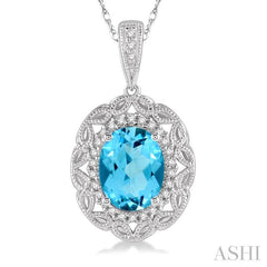 8x6 MM Oval Cut Blue Topaz and 1/10 Ctw Round Cut Diamond Semi-Precious Pendant With Chain in 10K White Gold