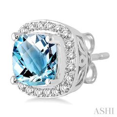 6x6 MM Cushion Shape Aquamarine and 1/4 Ctw Round Cut Diamond Earrings in 14K White Gold