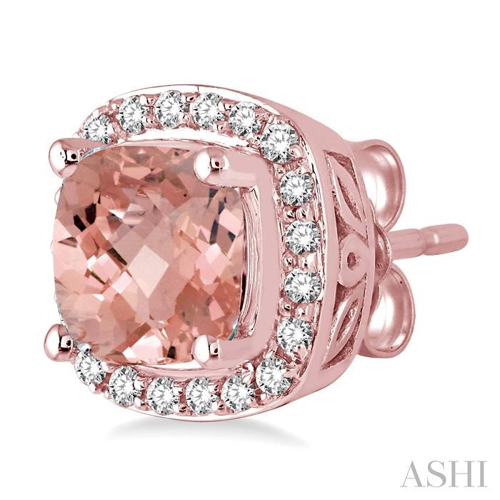 6x6 MM Cushion Shape Morganite and 1/4 Ctw Round Cut Diamond Earrings in 14K Rose Gold