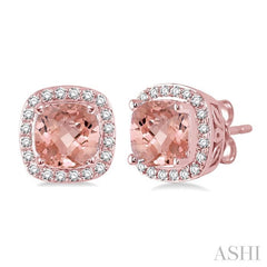 6x6 MM Cushion Shape Morganite and 1/4 Ctw Round Cut Diamond Earrings in 14K Rose Gold