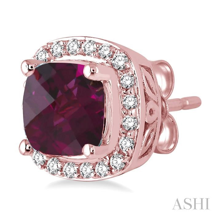 6x6 MM Cushion Shape Rhodolite Garnet and 1/4 Ctw Round Cut Diamond Earrings in 14K Rose Gold