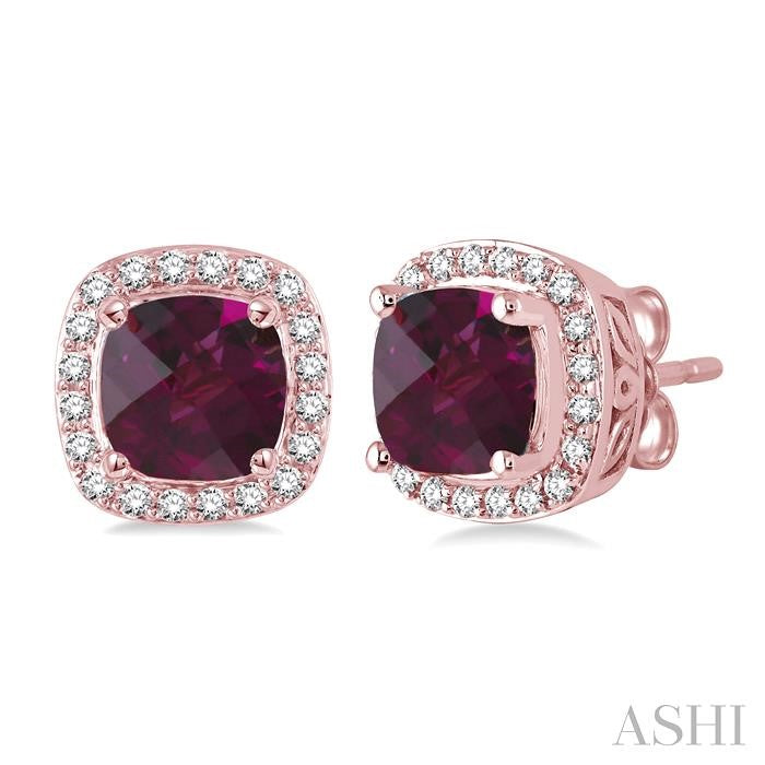 6x6 MM Cushion Shape Rhodolite Garnet and 1/4 Ctw Round Cut Diamond Earrings in 14K Rose Gold