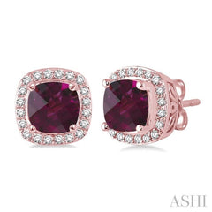 6x6 MM Cushion Shape Rhodolite Garnet and 1/4 Ctw Round Cut Diamond Earrings in 14K Rose Gold