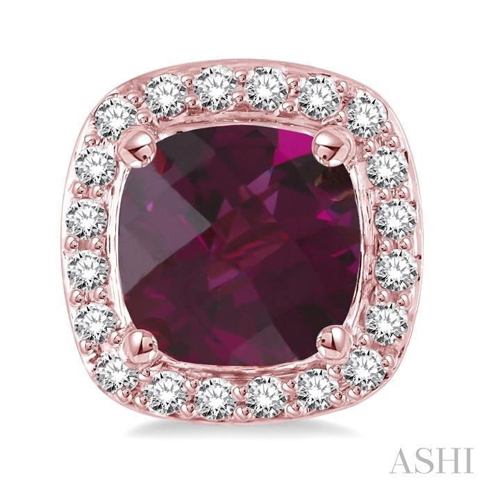 6x6 MM Cushion Shape Rhodolite Garnet and 1/4 Ctw Round Cut Diamond Earrings in 14K Rose Gold