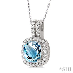 7x7 MM Cushion Shape Aquamarine and 1/5 Ctw Round Cut Diamond Pendant in 14K White Gold with Chain