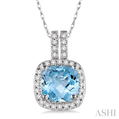7x7 MM Cushion Shape Aquamarine and 1/5 Ctw Round Cut Diamond Pendant in 14K White Gold with Chain