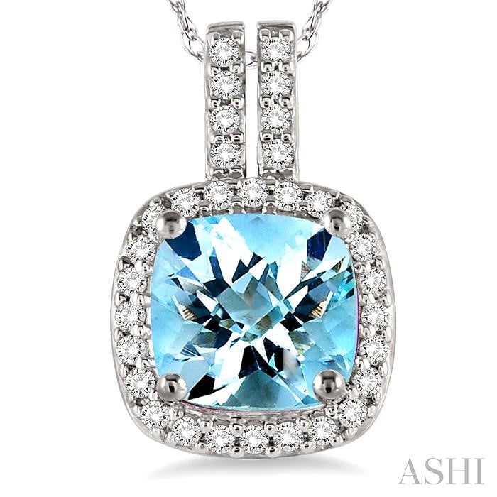 7x7 MM Cushion Shape Aquamarine and 1/5 Ctw Round Cut Diamond Pendant in 14K White Gold with Chain