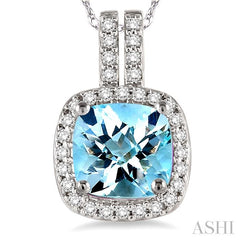 7x7 MM Cushion Shape Aquamarine and 1/5 Ctw Round Cut Diamond Pendant in 14K White Gold with Chain