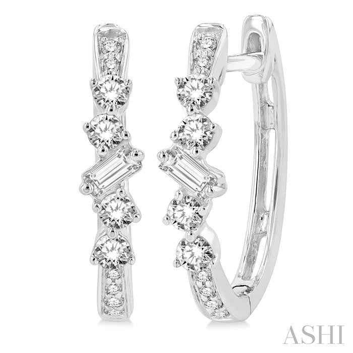 1/3 Ctw Baguette and Round Cut Diamond Hoop Earrings in 14K White Gold