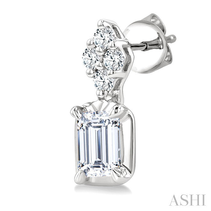 1/3 Ctw Emerald and Round Cut Diamond Fashion Earrings in 14K White Gold