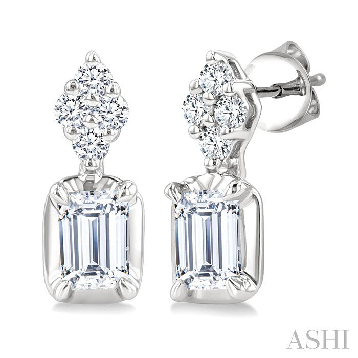 1/3 Ctw Emerald and Round Cut Diamond Fashion Earrings in 14K White Gold