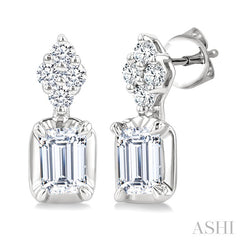1/3 Ctw Emerald and Round Cut Diamond Fashion Earrings in 14K White Gold