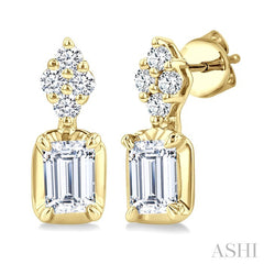 1/3 Ctw Emerald and Round Cut Diamond Fashion Earrings in 14K Yellow Gold