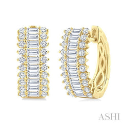 1 1/3 Ctw Horizontal Layout Baguette and Round Cut Diamond Fashion Huggie Earrings in 14K Yellow Gold