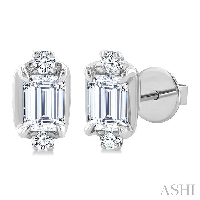 1/3 Ctw Emerald and Round Cut Diamond Fashion Stud Earrings in 14K White Gold