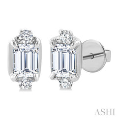 1/3 Ctw Emerald and Round Cut Diamond Fashion Stud Earrings in 14K White Gold