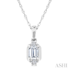 1/5 Ctw Emerald and Round Cut Diamond Fashion Pendant With Chain in 14K White Gold