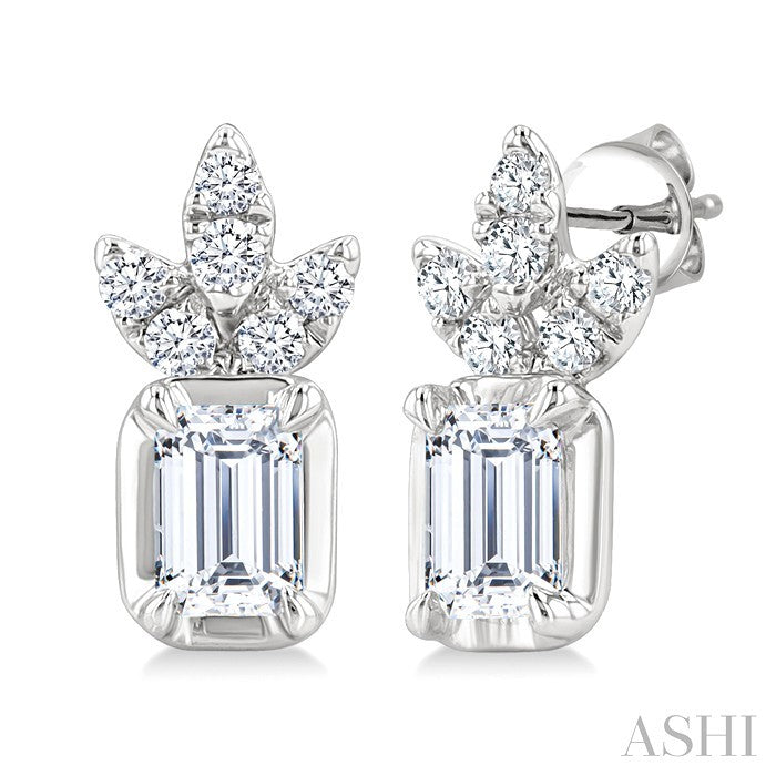 3/8 Ctw Emerald and Round Cut Diamond Fashion Earrings in 14K White Gold