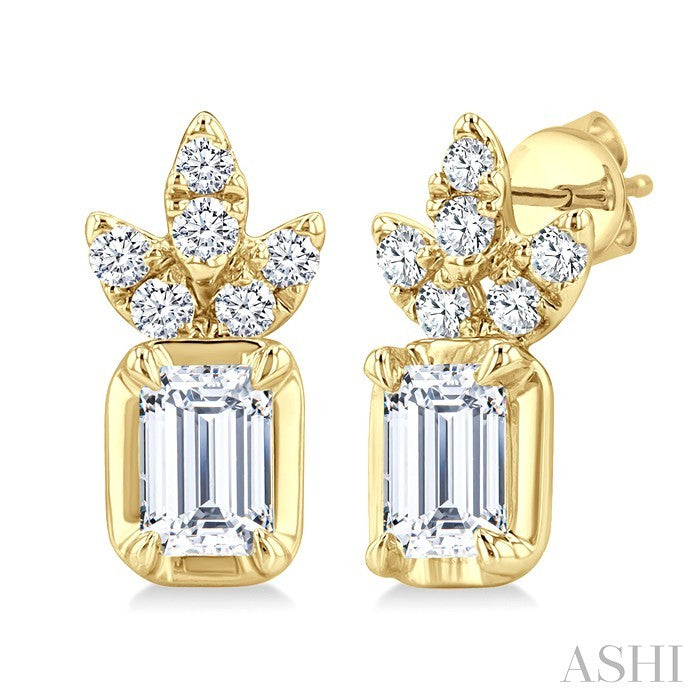 3/8 Ctw Emerald and Round Cut Diamond Fashion Earrings in 14K Yellow Gold