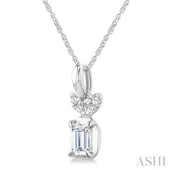 1/5 Ctw Emerald and Round Cut Diamond Fashion Pendant With Chain in 14K White Gold