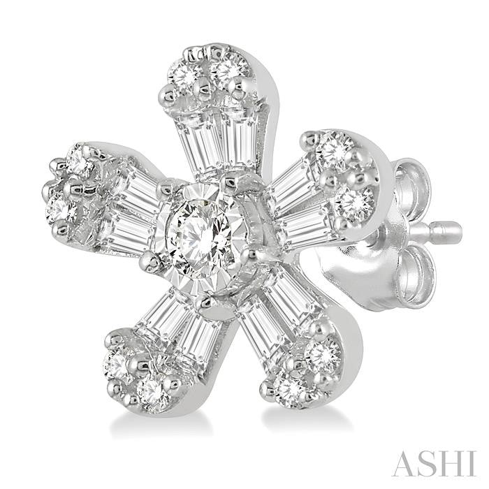1/3 Ctw Floral Baguette and Round Cut Diamond Earring in 14K White Gold