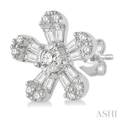 1/3 Ctw Floral Baguette and Round Cut Diamond Earring in 14K White Gold