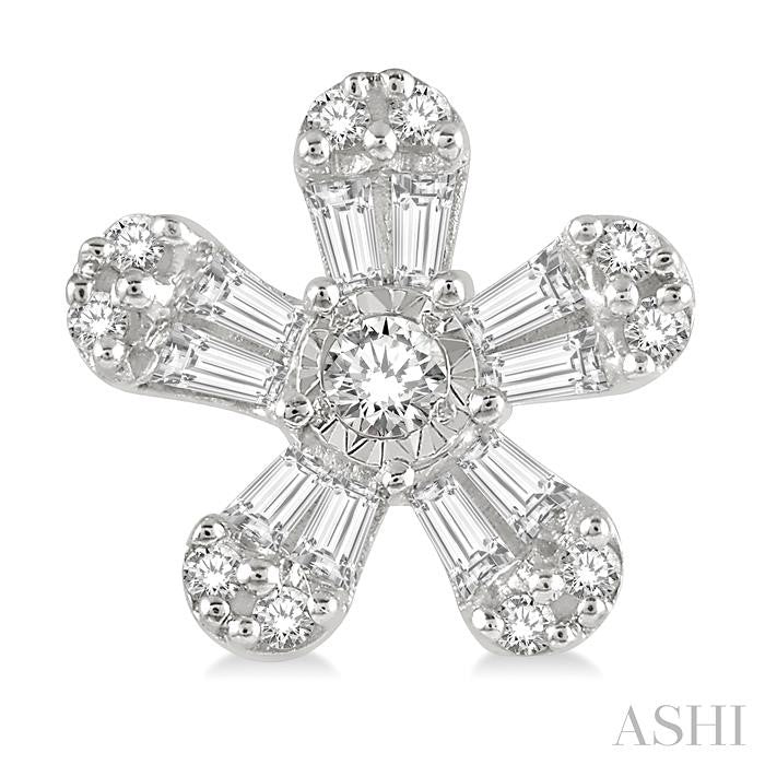 1/3 Ctw Floral Baguette and Round Cut Diamond Earring in 14K White Gold