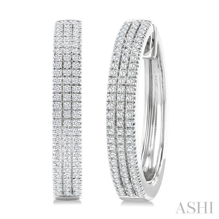 1/2 Ctw Triple Row Pave Set Round Cut Diamond Fashion Hoop Earring in 10K White Gold