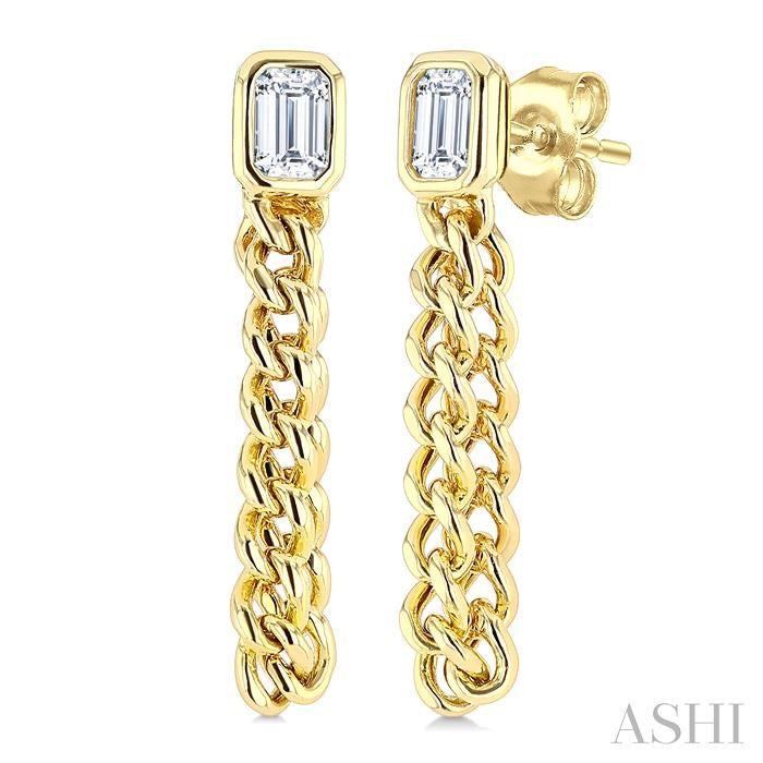 1/3 Ctw Curb Link Dangler Bezel Set Emerald Cut Diamond Fashion Earring in 14K Yellow Gold