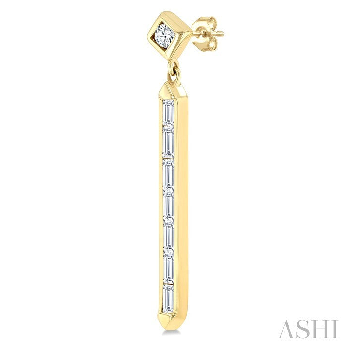 5/8 Ctw Kite and Vertical Bar Baguette and Round Cut Diamond Fashion Long Earrings in 14K Yellow Gold