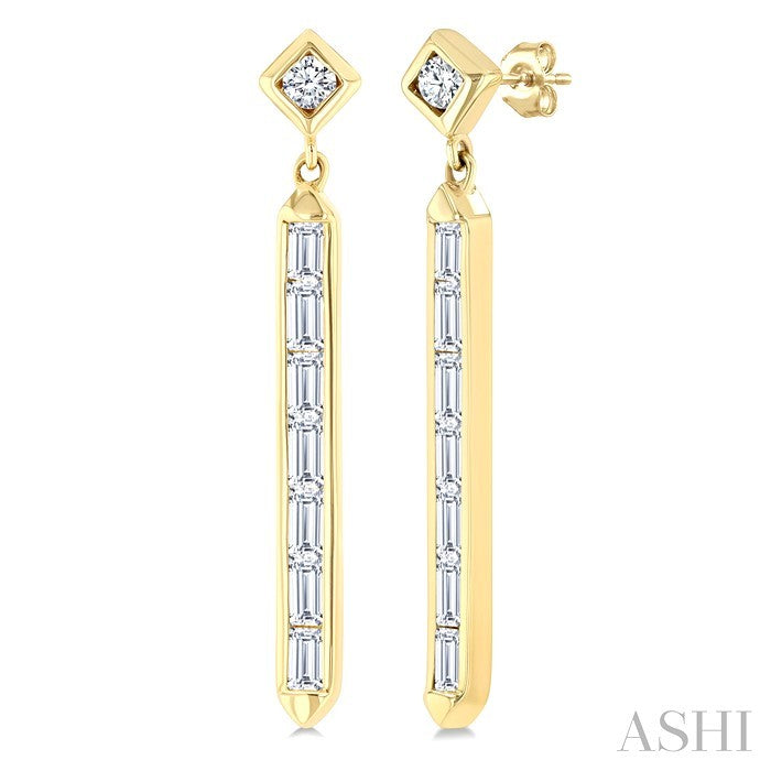 5/8 Ctw Kite and Vertical Bar Baguette and Round Cut Diamond Fashion Long Earrings in 14K Yellow Gold