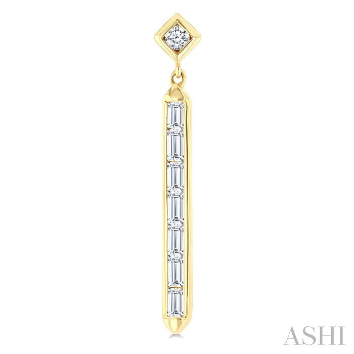 5/8 Ctw Kite and Vertical Bar Baguette and Round Cut Diamond Fashion Long Earrings in 14K Yellow Gold