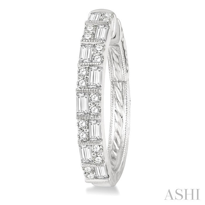 1 Ctw Basket Weave Baguette and Round Cut Diamond Hoop Earrings in 14K White Gold