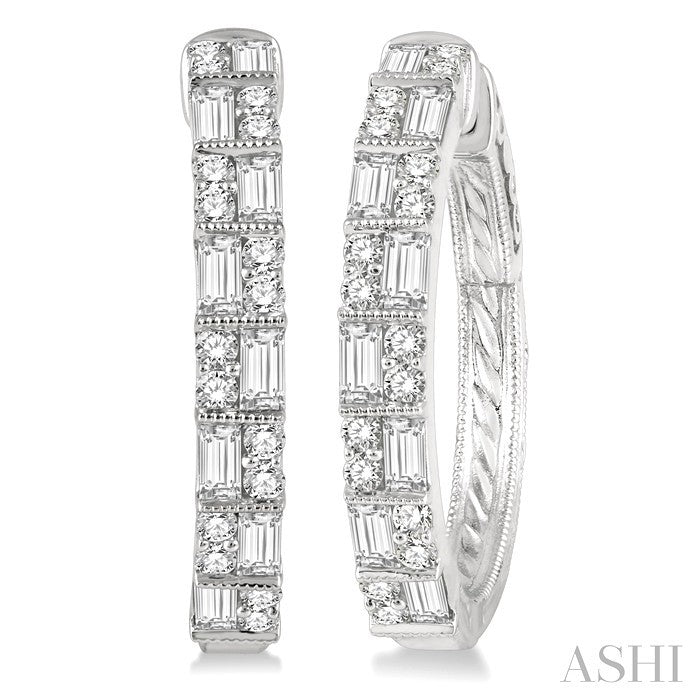 1 Ctw Basket Weave Baguette and Round Cut Diamond Hoop Earrings in 14K White Gold