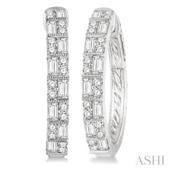 1 Ctw Basket Weave Baguette and Round Cut Diamond Hoop Earrings in 14K White Gold