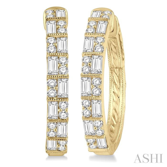 1 Ctw Basket Weave Baguette and Round Cut Diamond Hoop Earrings in 14K Yellow Gold