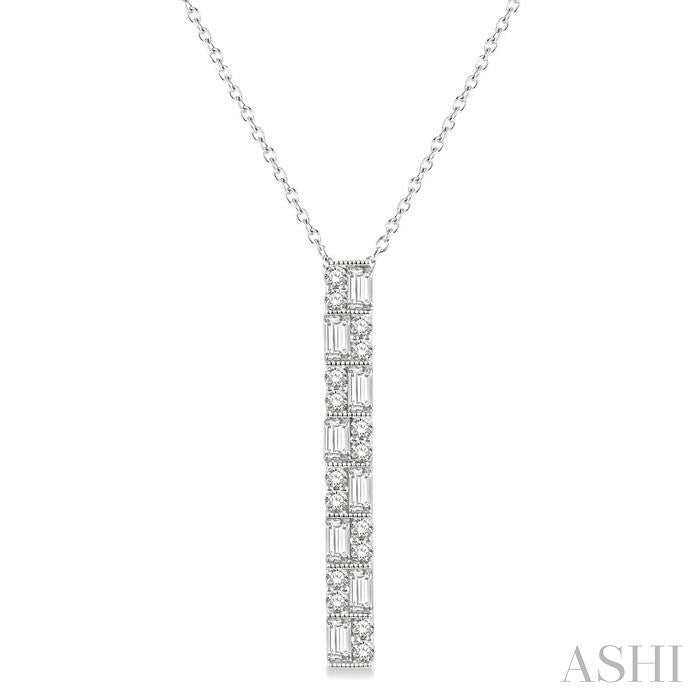 1/2 Ctw Basket Weave Baguette and Round Cut Diamond Pendant With Chain in 14K White Gold