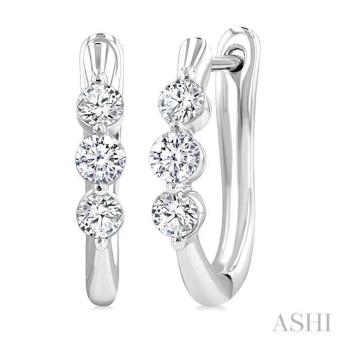 1/2 Ctw 3-Stone Round Cut Diamond Fashion Hoop Earring in 14K White Gold