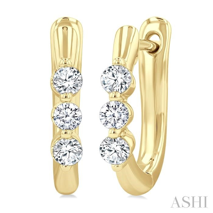 1/3 Ctw 3-Stone Round Cut Diamond Fashion Hoop Earring in 14K Yellow Gold