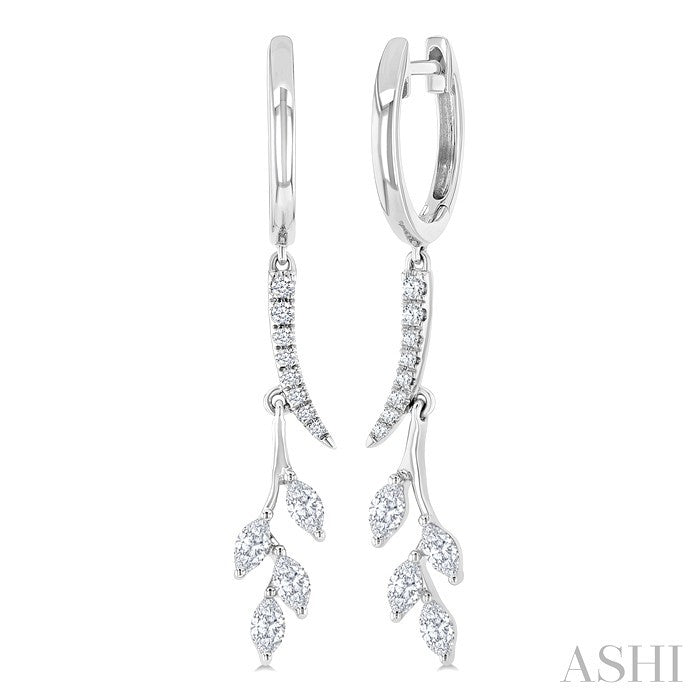 1/2 Ctw Marquise and Round Cut Diamond Leaf Dangler Hoop Earrings in 14K White Gold