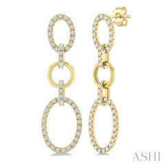 3/4 Ctw Open Window Oval Shape Link Round Cut Diamond Fashion Earrings in 14K Yellow Gold
