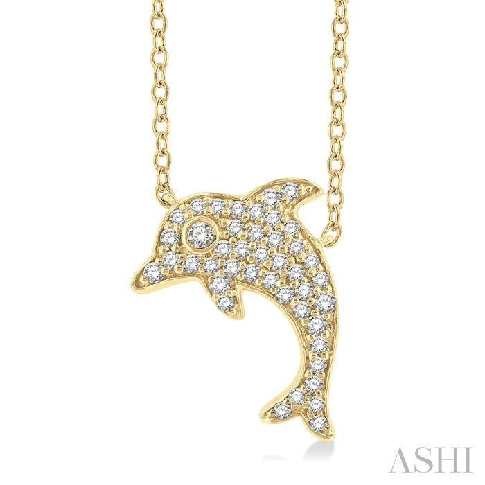 1/6 Ctw Sea Life Petite Dolphin Round Cut Diamond Fashion Pendant With Chain in 10K Yellow Gold